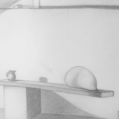 "Equilibrium" – conceptual pencil drawing by artist Isaac Cohen, expressing the fragility of being through a minimalist still life. A balloon rests on a narrow shelf beside a small pitcher, suspended in a quiet architectural space. The soft graphite tones and balanced composition evoke tension, transience, and the delicate balance of existence.