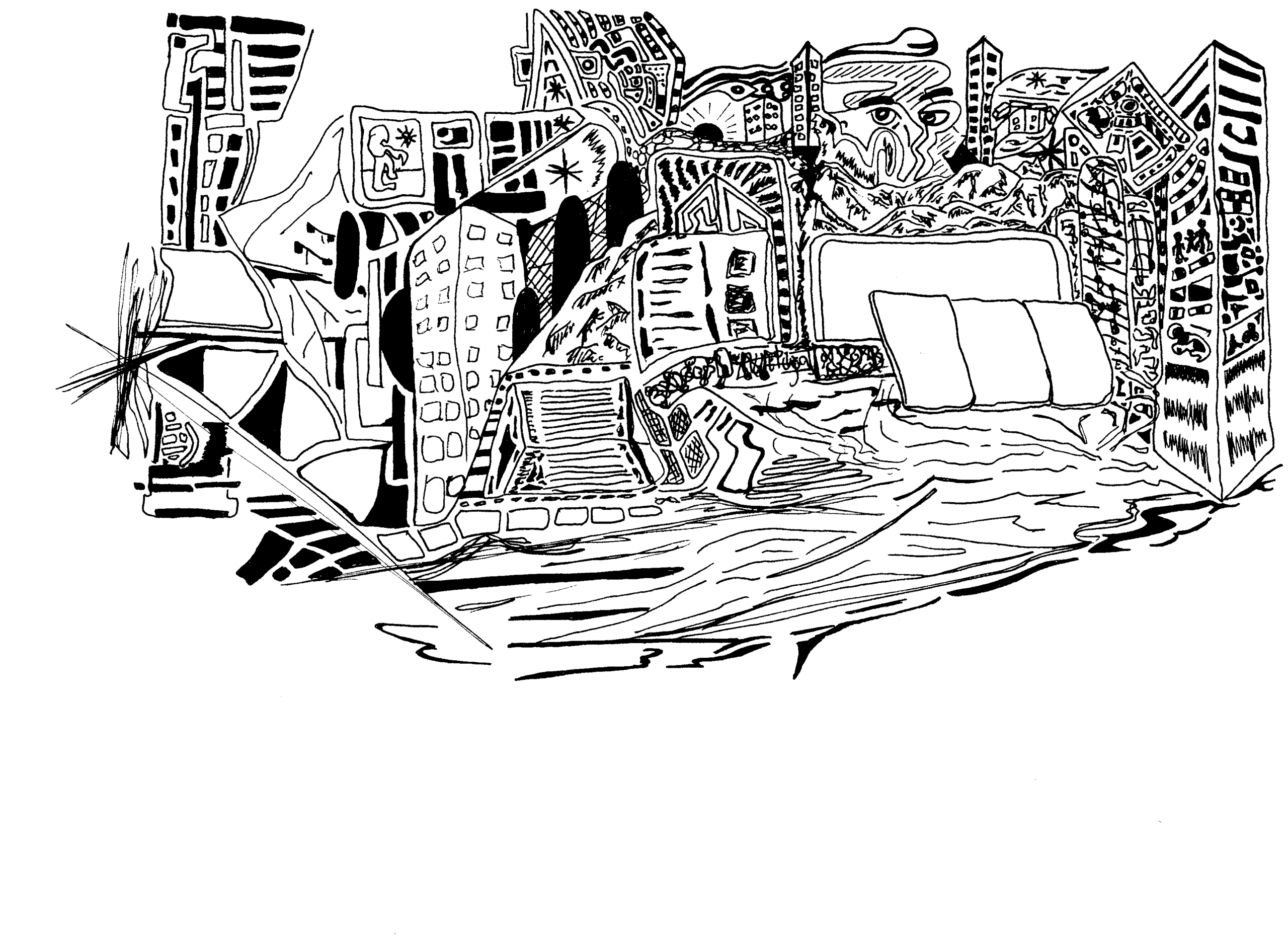 Conceptual drawing in black pen on white paper, featuring curved tubular forms that interact with a corner-like space. The minimalist composition explores spatial tension, line, and structure through precise, flowing contours in an abstract architectural style.