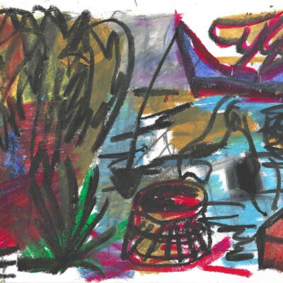 Expressive mixed-media drawing by Isaac Cohen using oil pastels and black marker. The composition features abstracted natural and nautical forms, including a bird, boat, palm-like foliage, and basket, rendered in bold gestures and saturated colors. The chaotic layering evokes themes of memory, movement, and symbolic storytelling in a vibrant, intuitive visual language.