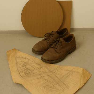 "Shoes" (2011) – conceptual artwork by Isaac Cohen exploring materiality and existence through a humble still life. A worn pair of leather shoes rests beside cut cardboard forms and a crumpled architectural drawing on a concrete floor. Referencing Van Gogh, the piece reflects on the physical traces of labor, the weight of modernity, and the poetic tension between handmade materials and industrial design.