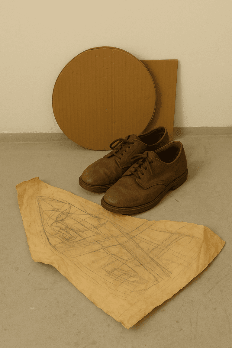 "Shoes" (2011) – conceptual artwork by Isaac Cohen exploring materiality and existence through a humble still life. A worn pair of leather shoes rests beside cut cardboard forms and a crumpled architectural drawing on a concrete floor. Referencing Van Gogh, the piece reflects on the physical traces of labor, the weight of modernity, and the poetic tension between handmade materials and industrial design.