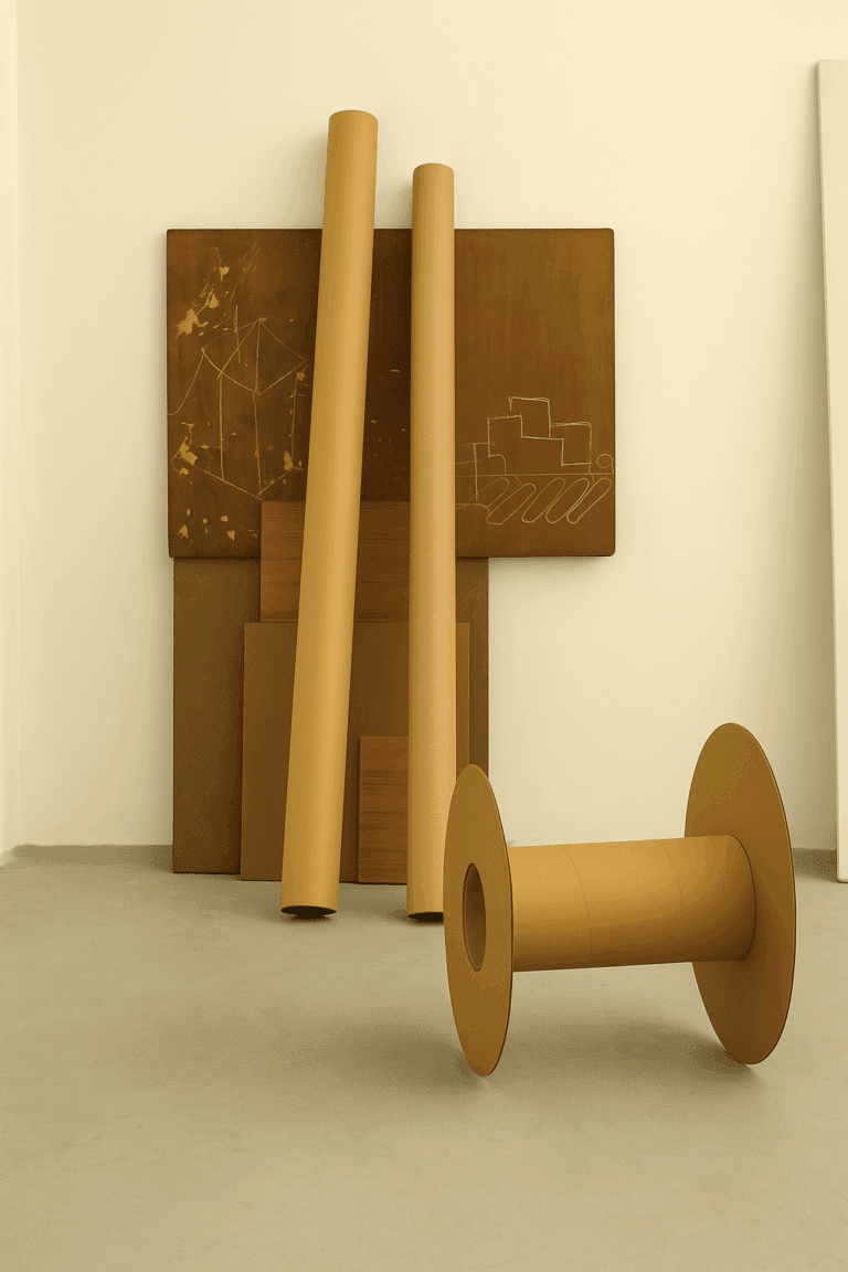 conceptual installation by artist Isaac Cohen exploring the poetics of engineering through minimalist industrial forms. Cardboard cylinders, a spool-like object, and etched panels with mechanical drawings muse on the creation of purpose by introducing design to simple materials. The work reflects on structure, function, and the transformation of raw components into objects imbued with meaning.