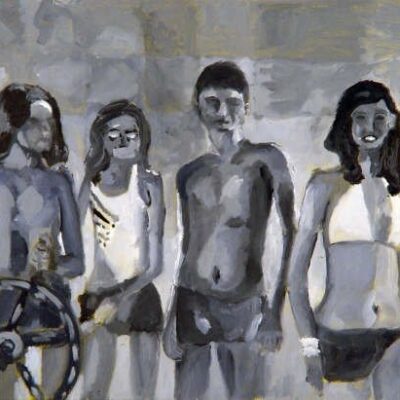 Figurative painting in grayscale by Isaac Cohen depicting five young figures in swimwear posing against a tiled background. The composition, painted in expressive brushstrokes, evokes a faded photograph or memory, exploring themes of youth, nostalgia, and collective identity through desaturated tones and subtle distortion.