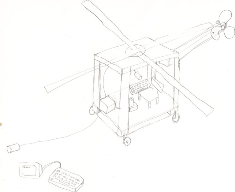 Pencil sketch of the ‘Private Helicopter’ sculpture: a cubic wooden frame on caster wheels with a central rotorshaft, interior table and chair, and a trailing cord drawn to an off-page motor.