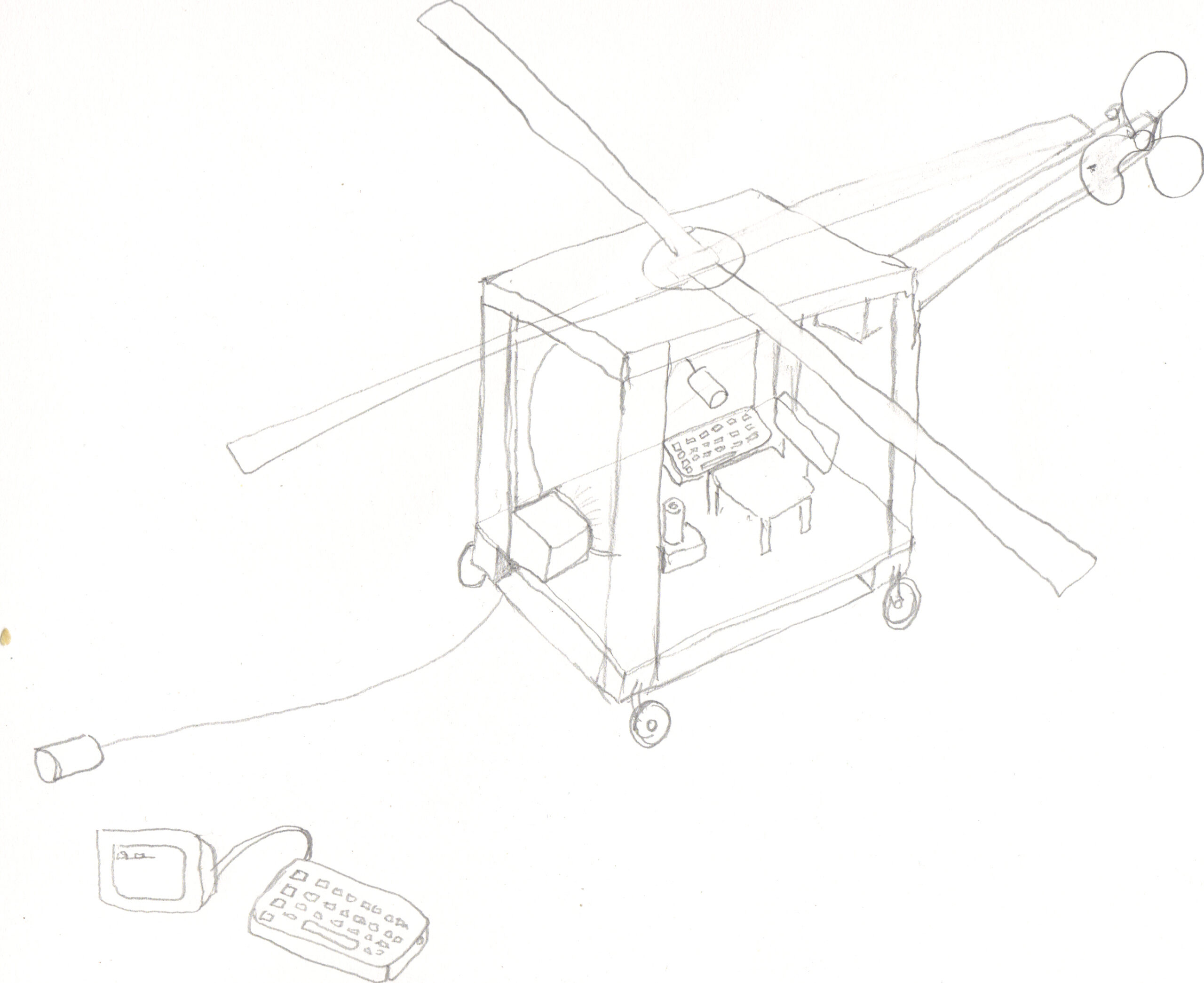 Pencil sketch of the 2010 installation “Private Helicopter”: an open-frame wooden cabin on caster wheels with a desk, chair, lamp and Commodore 64, topped by rotor blades and a cable holding a plastic-cup communication device.







