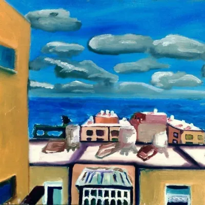 Oil painting by contemporary artist Isaac Cohen, the paining features the view from his childhood home in Haifa, in vibrant colors and expressive lines