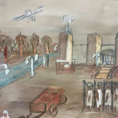 an oil painting of city walls next to a river and oil trees with soldiers of acnient times with modren cctv cams