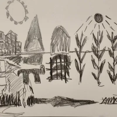 Drawing by contemporary artist Isaac Cohen, featuring an abstract-symbolic field of wheat.
