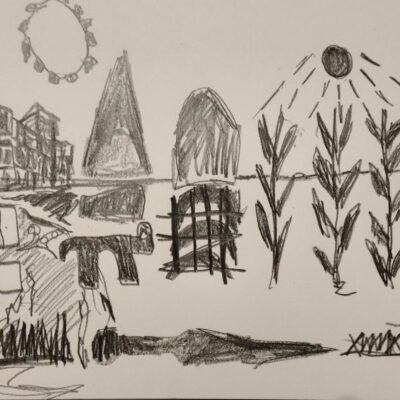 Drawing by contemporary artist Isaac Cohen, featuring an abstract-symbolic field of wheat.
