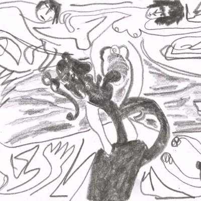 an expressive drawing of contemporary artist Isaac Cohen, showing bodies circling a figure in a kind of erotic dance.