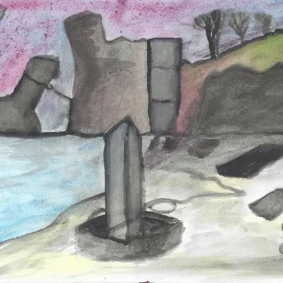 A watercolor painting by Isaac Cohen - an Israeli artist this artwork depicts a ship near shore in a mystic atmosphere