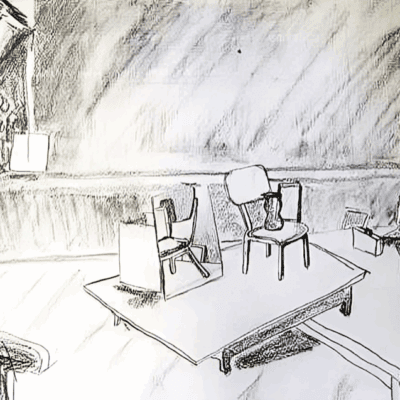 A drawing of a still life, by artist Isaac Cohen, a staged scene of everyday objects with a female nude on the side