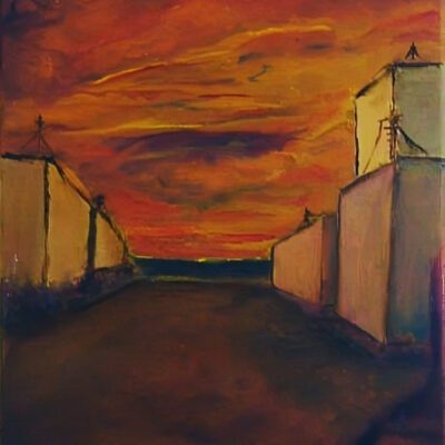 Oil painting of two rows of buildings, with anigmatic sunset, by contemporary artist Isaac Cohen