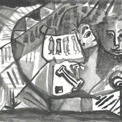 A monochrome abstract watercolor painting by contemporary painter Isaac Cohen