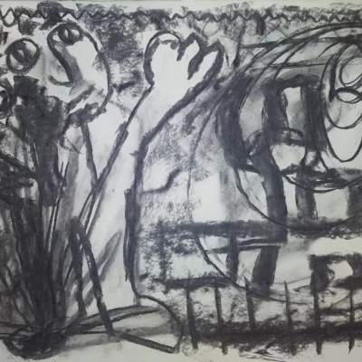 an expressive drawing of a man child flapping arms in an abstract environment, by artist Isaac Cohen