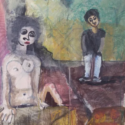 An expressive painting of a young man with hands in his pockets looking at a naked woman by contemporary artist Isaac Cohen