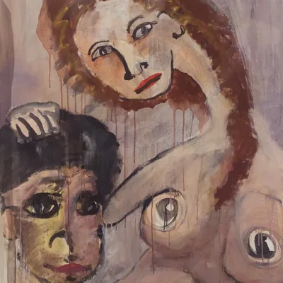 painting of a woman grabbing a mans' hair, by contemporary artist Isaac Cohen